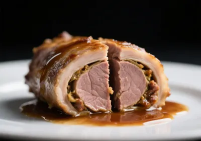 Détail d'une paupiette de veau coupée en deux, révélant sa farce savoureuse et sa sauce onctueuse