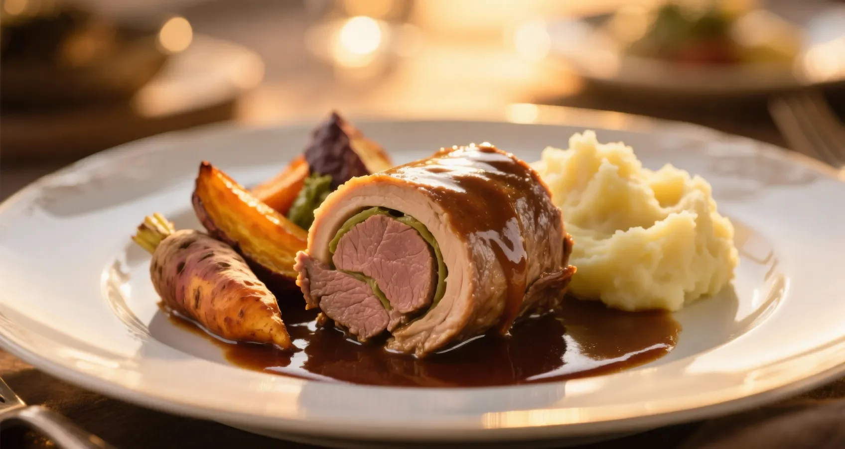 Paupiettes de veau servies avec une sauce au vin et accompagnées de légumes rôtis et de purée de pommes de terre