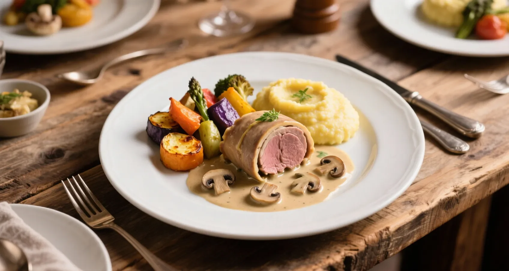 Table rustique dressée avec des paupiettes de veau, une sauce aux champignons, des légumes rôtis et de la polenta crémeuse