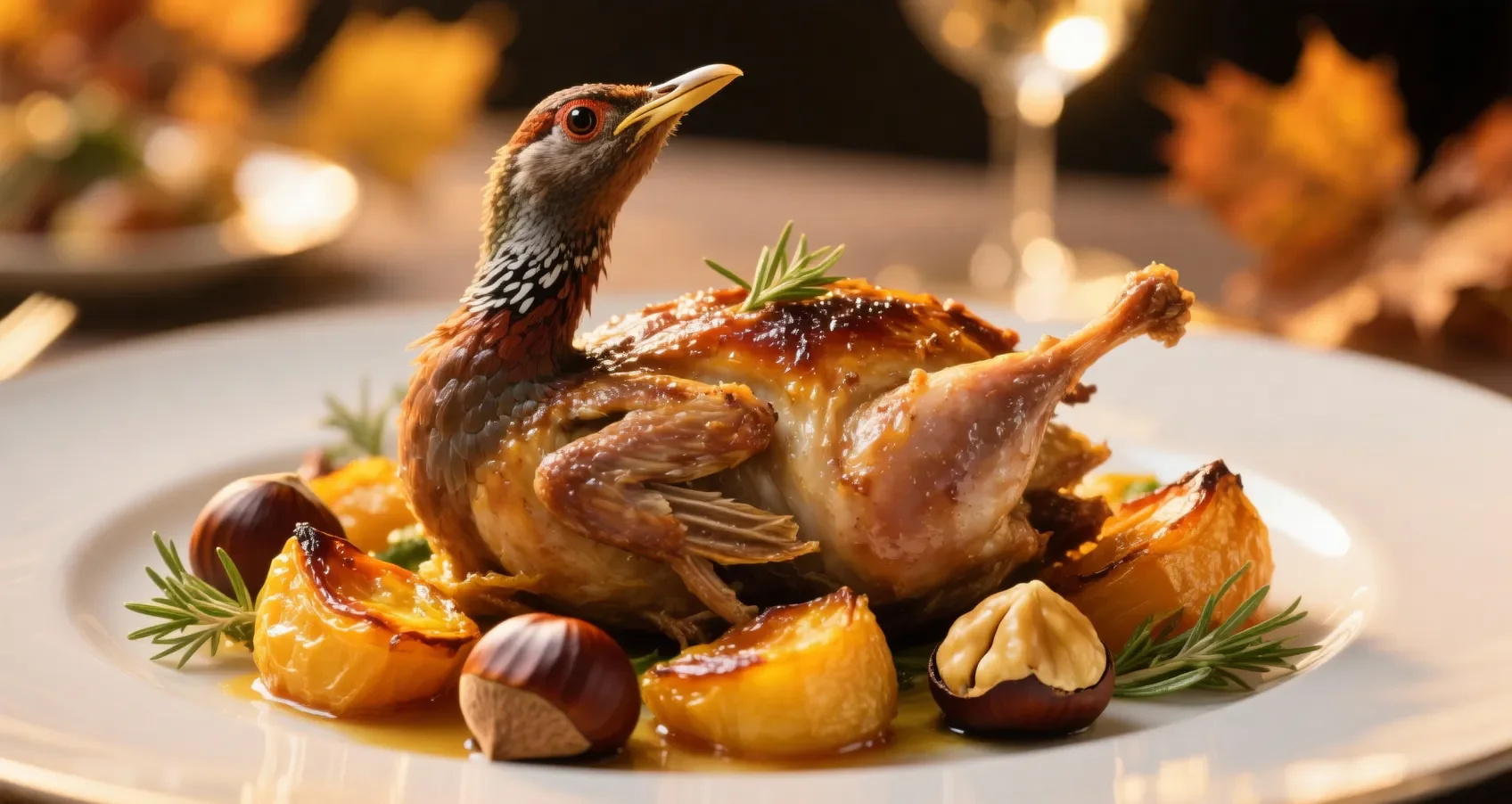 Pintade rôtie aux marrons et légumes d'automne, présentée dans un plat élégant