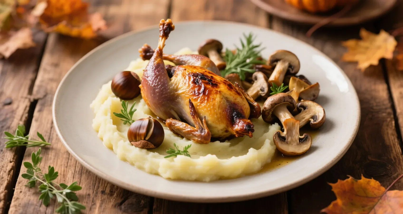 Repas complet de pintade aux marrons avec purée de céleri et champignons sautés