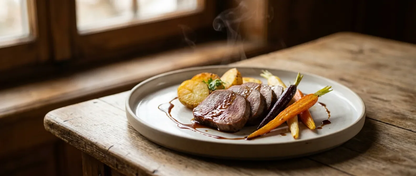 Plat de langue de bœuf gastronomique avec ses accompagnements de légumes