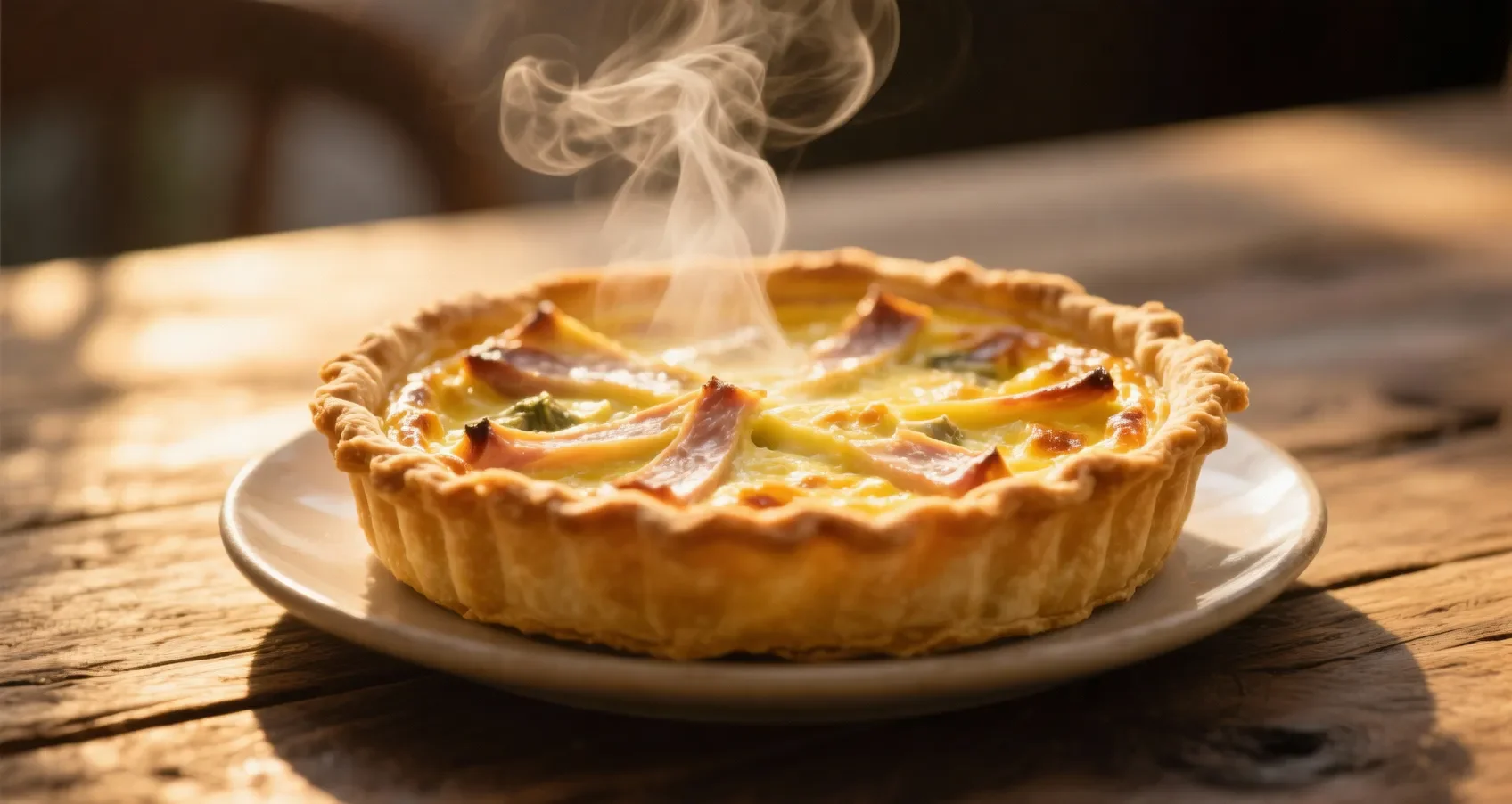 Quiche lorraine parfaite : croûte dorée et garniture crémeuse Quiche lorraine dorée et croustillante, fraîchement sortie du four, avec une croûte parfaite et une garniture onctueuse.