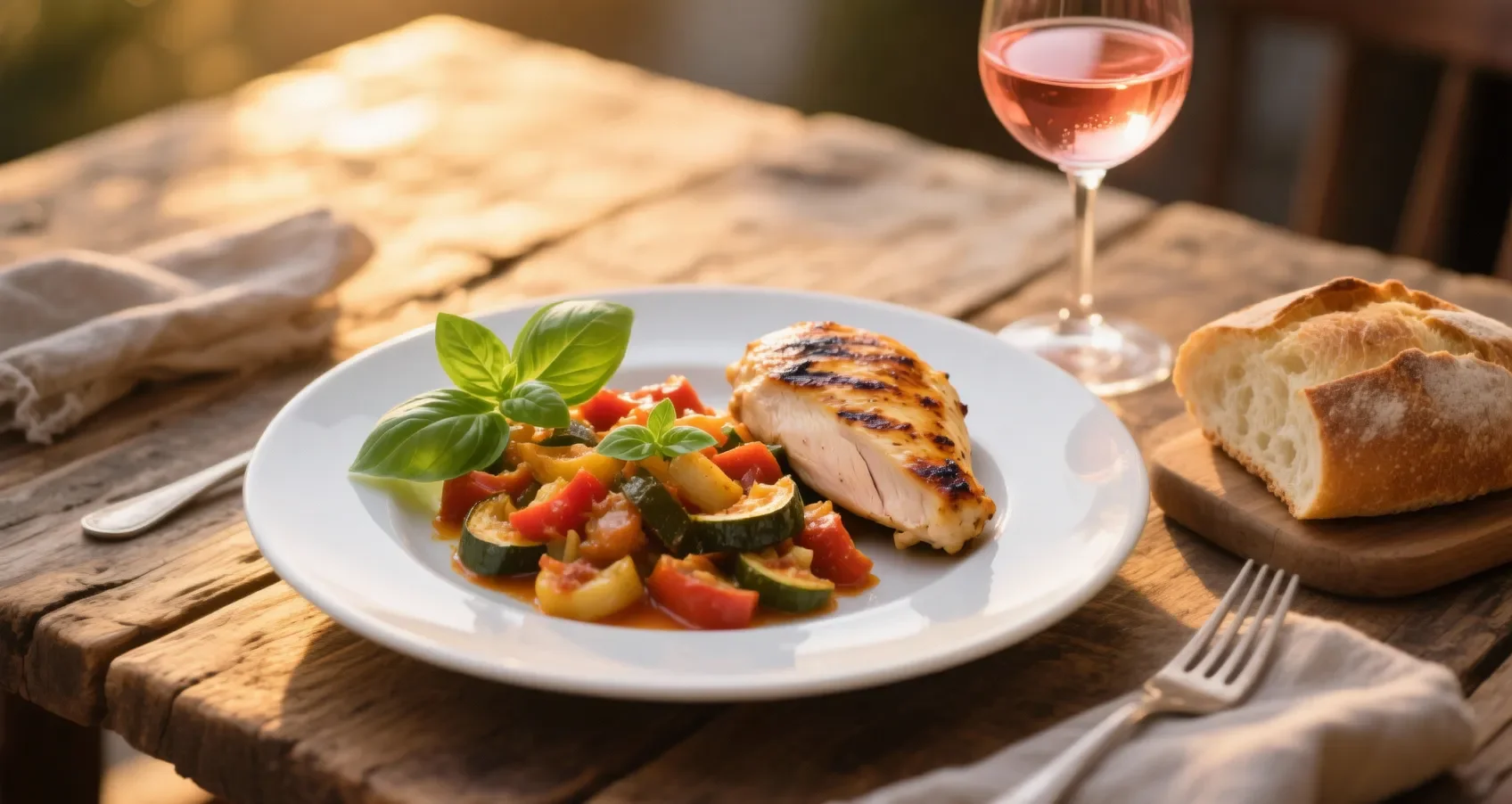 Repas complet avec ratatouille et poulet grillé : une alliance parfaite Assiette de ratatouille accompagnée de poulet grillé et de pain frais, ambiance chaleureuse