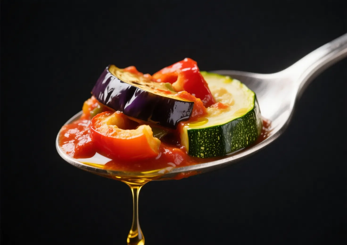 Gros plan sur une cuillère de ratatouille, légumes fondants et sauce tomate