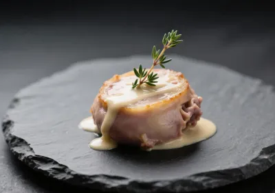 Gros plan d'un ris de veau poêlé sur une ardoise noire, nappé d'une sauce légère et décoré de thym