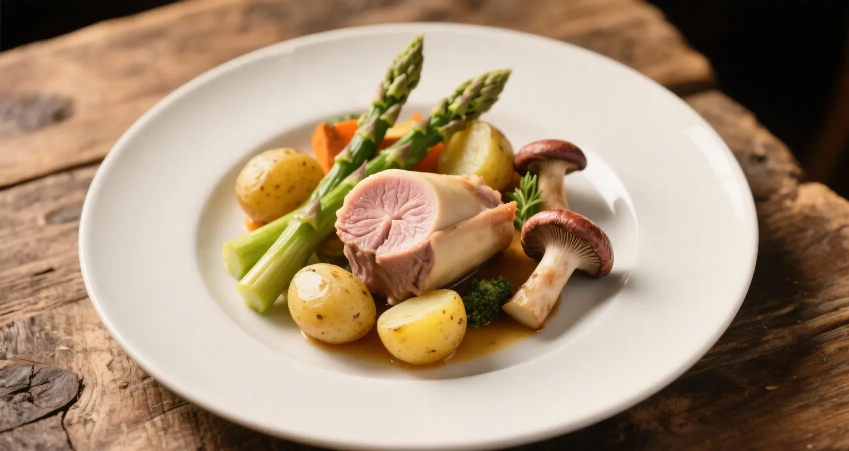 Plat complet de ris de veau accompagné d'asperges, champignons et pommes de terre nouvelles, présenté sur une table en bois rustique