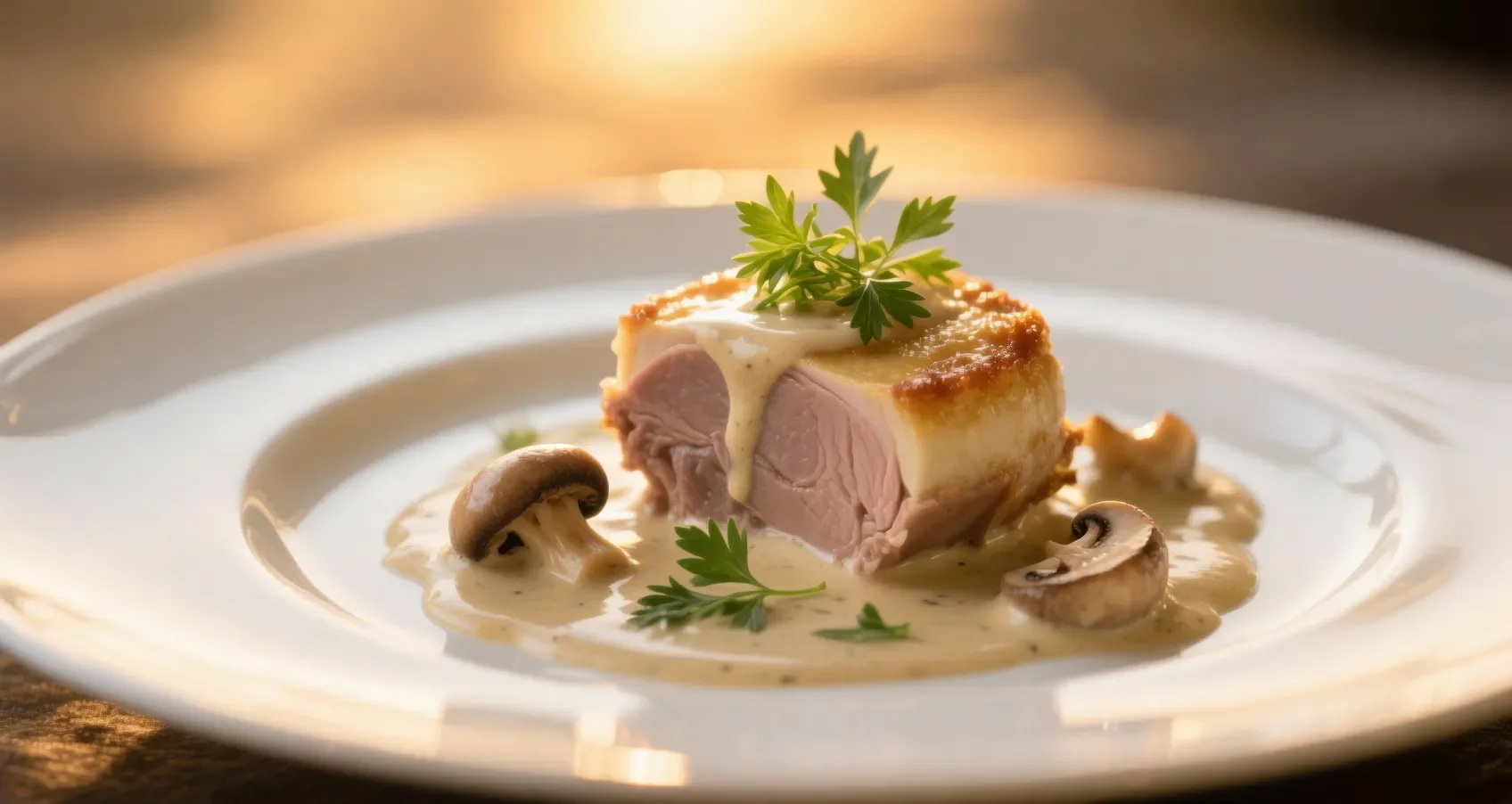 Ris de veau poêlé avec sauce aux champignons et herbes fraîches, présenté sur une assiette blanche élégante