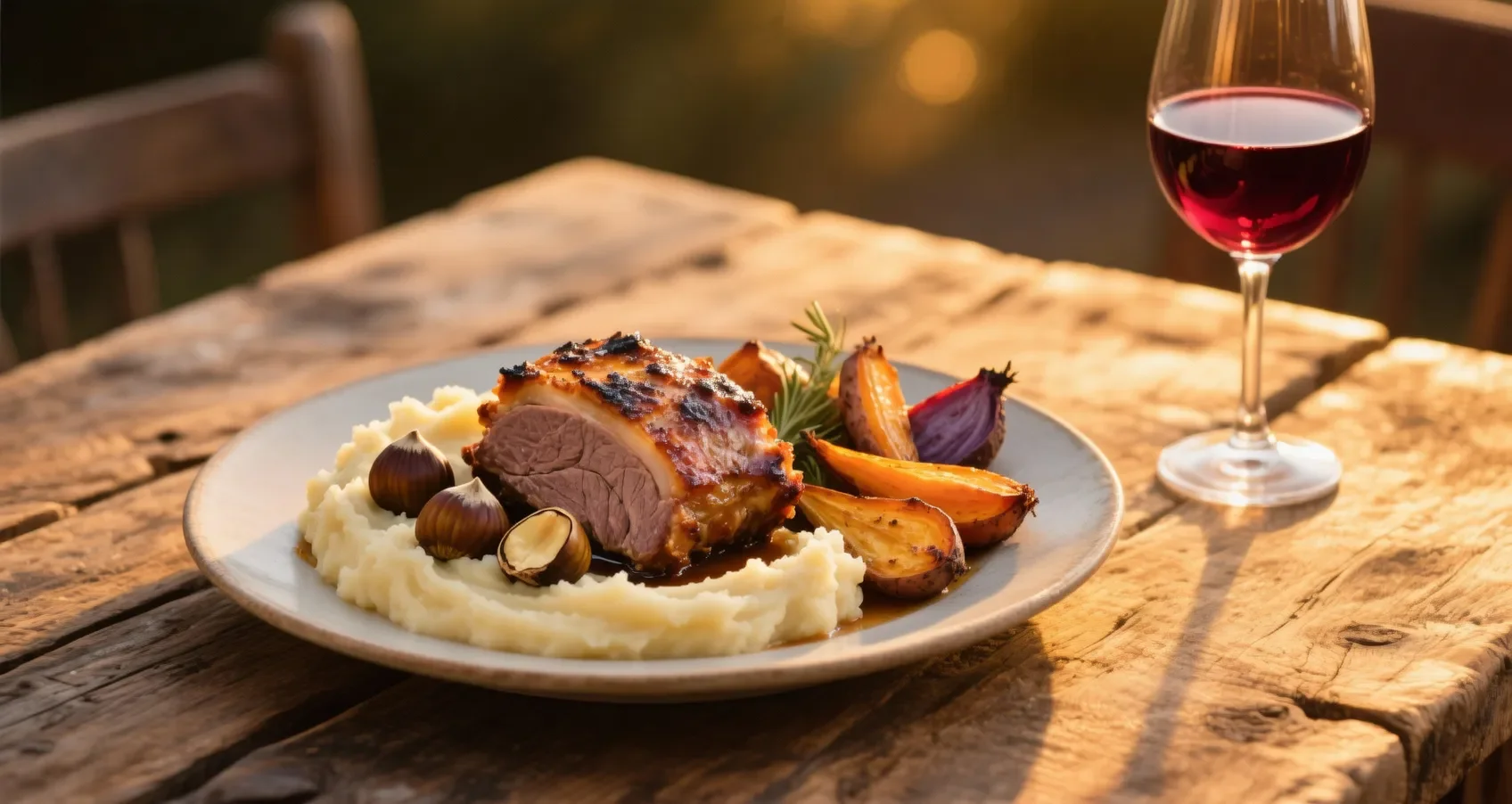 Assiette de rôti de biche accompagné de purée de marrons et de légumes racines rôtis, avec un verre de vin rouge.