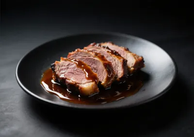 Tranches de rôti de biche saignantes nappées d'une sauce brillante, en gros plan.