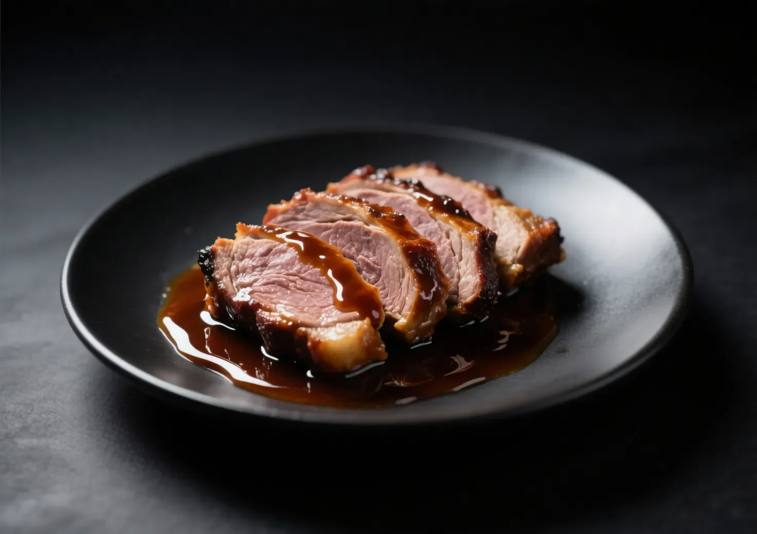 Tranches de rôti de biche saignantes nappées d'une sauce brillante, en gros plan.