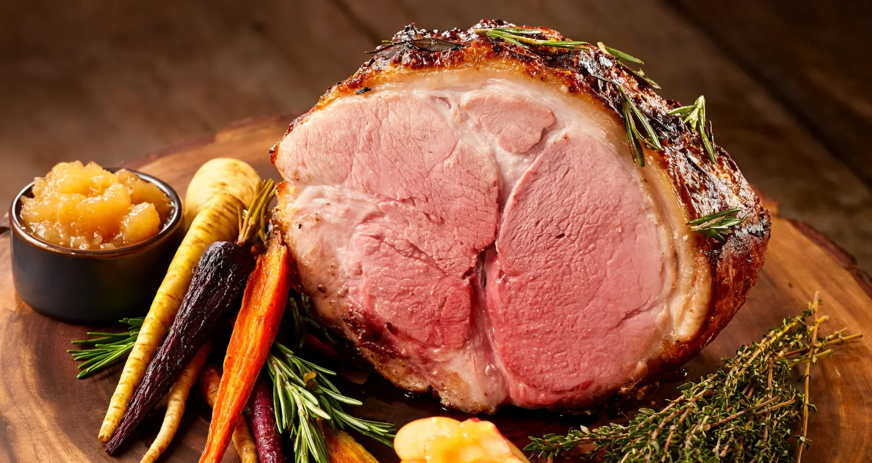 Rôti de porc doré entouré de légumes rôtis et de compote de pommes, présenté sur une planche en bois rustique