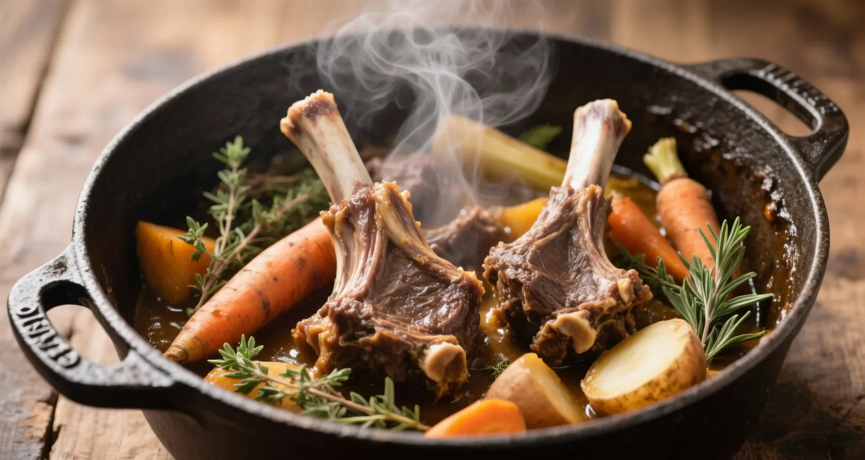 Cocotte en fonte avec souris d'agneau mijotée et légumes aromatiques