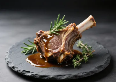 Gros plan sur une souris d'agneau cuite à la perfection avec sauce et herbes aromatiques