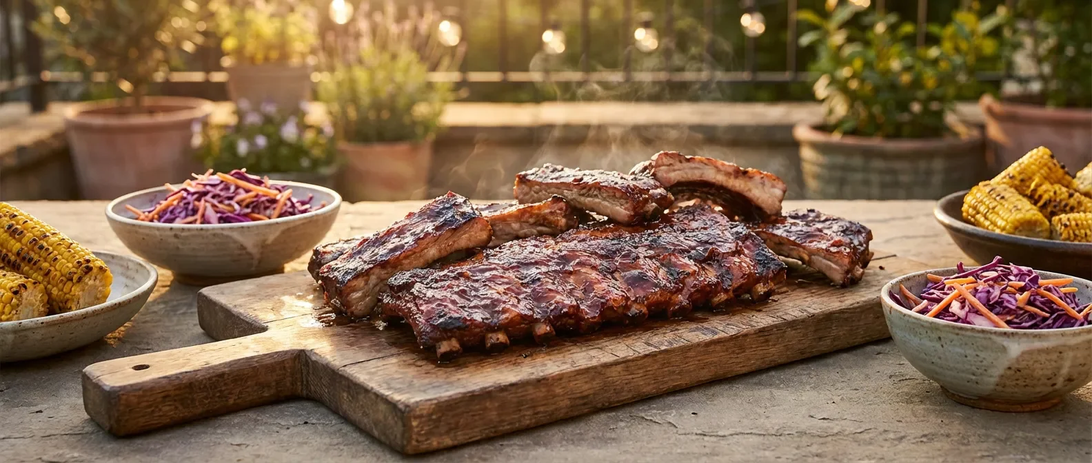 Travers de porc laqués et ses accompagnements gourmands servis sur une table en bois rustique