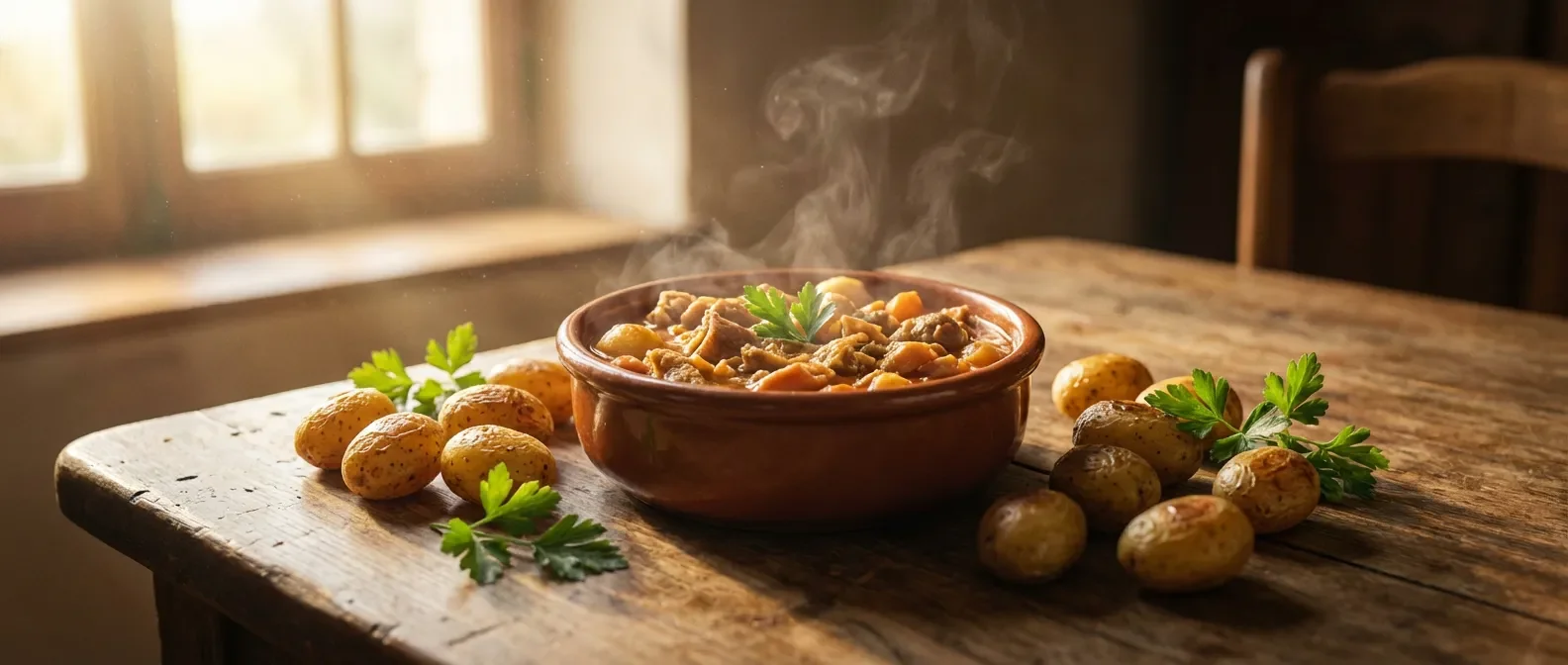 Un plat de tripes fumantes servi avec des pommes de terre dorées sur une table en bois rustique