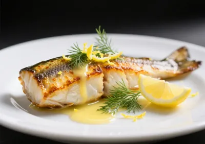 Filet de truite au four avec une peau croustillante, nappé d’une sauce au beurre citronné et garni d’aneth frais.