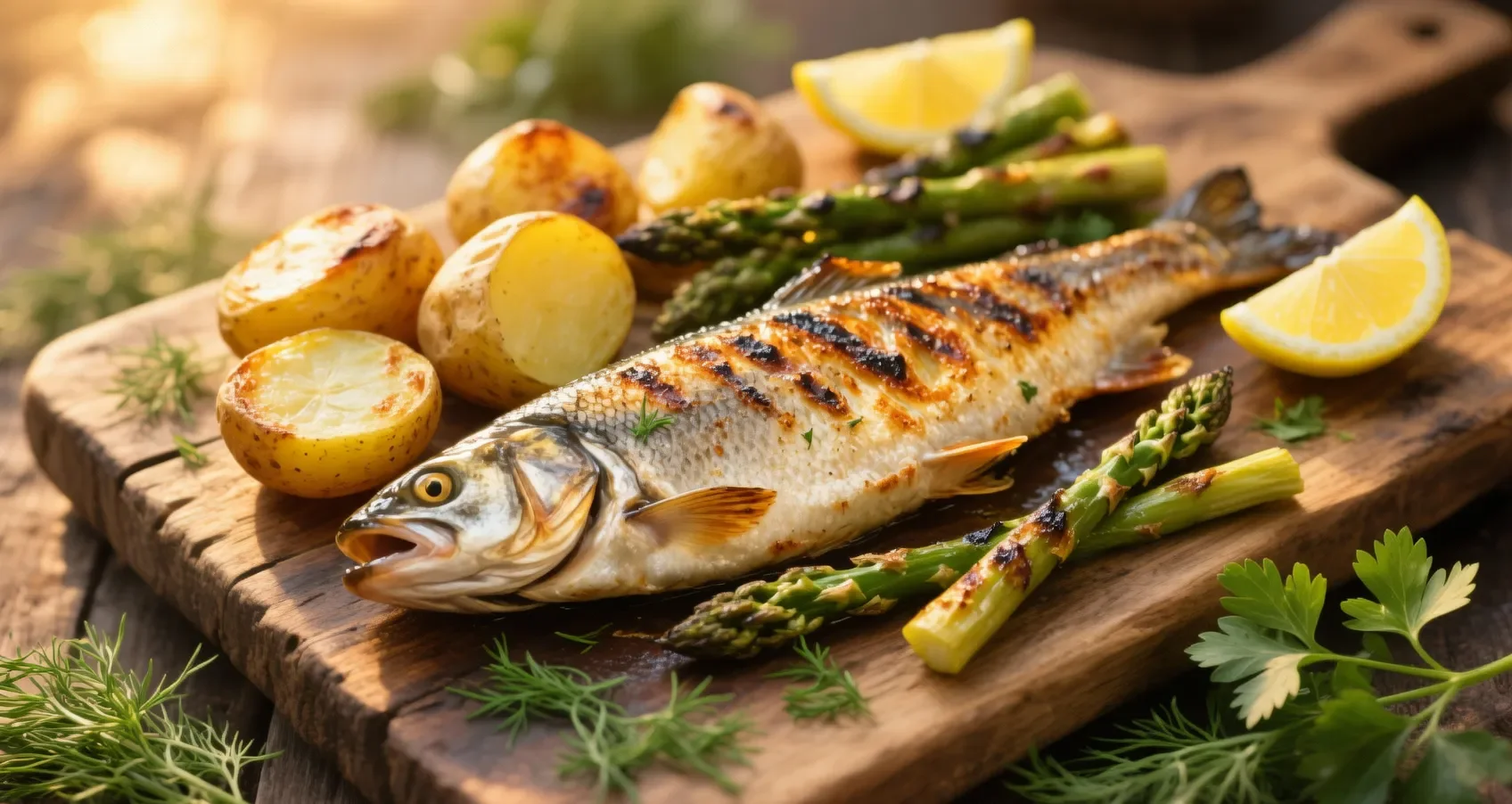 Truite au four avec accompagnements gourmands Truite au four entière sur une planche en bois, accompagnée de pommes de terre rôties et d’asperges grillées, dans une ambiance chaleureuse et gourmande.
