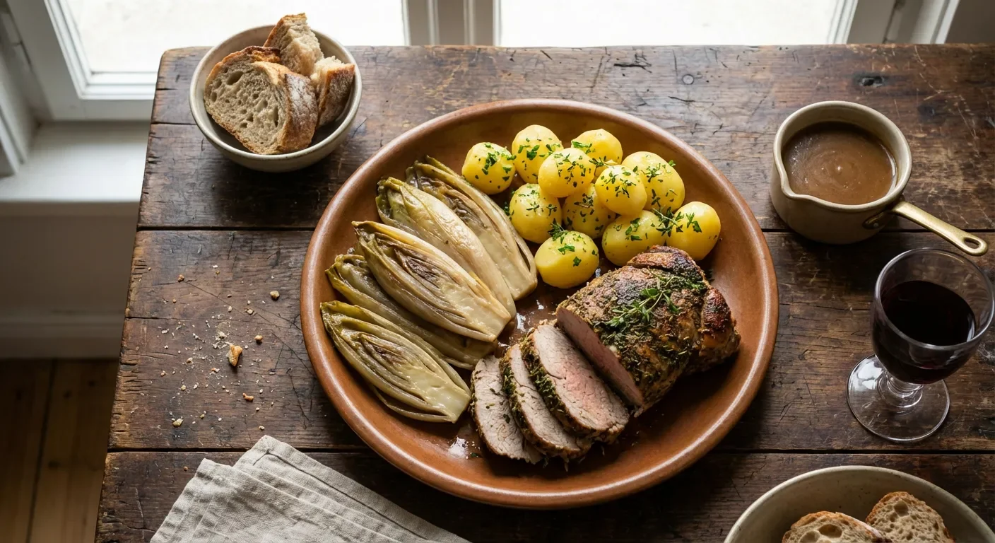 Idée de repas savoureux avec des endives braisées Assiette complète d'endives braisées servies avec du veau et des pommes de terre