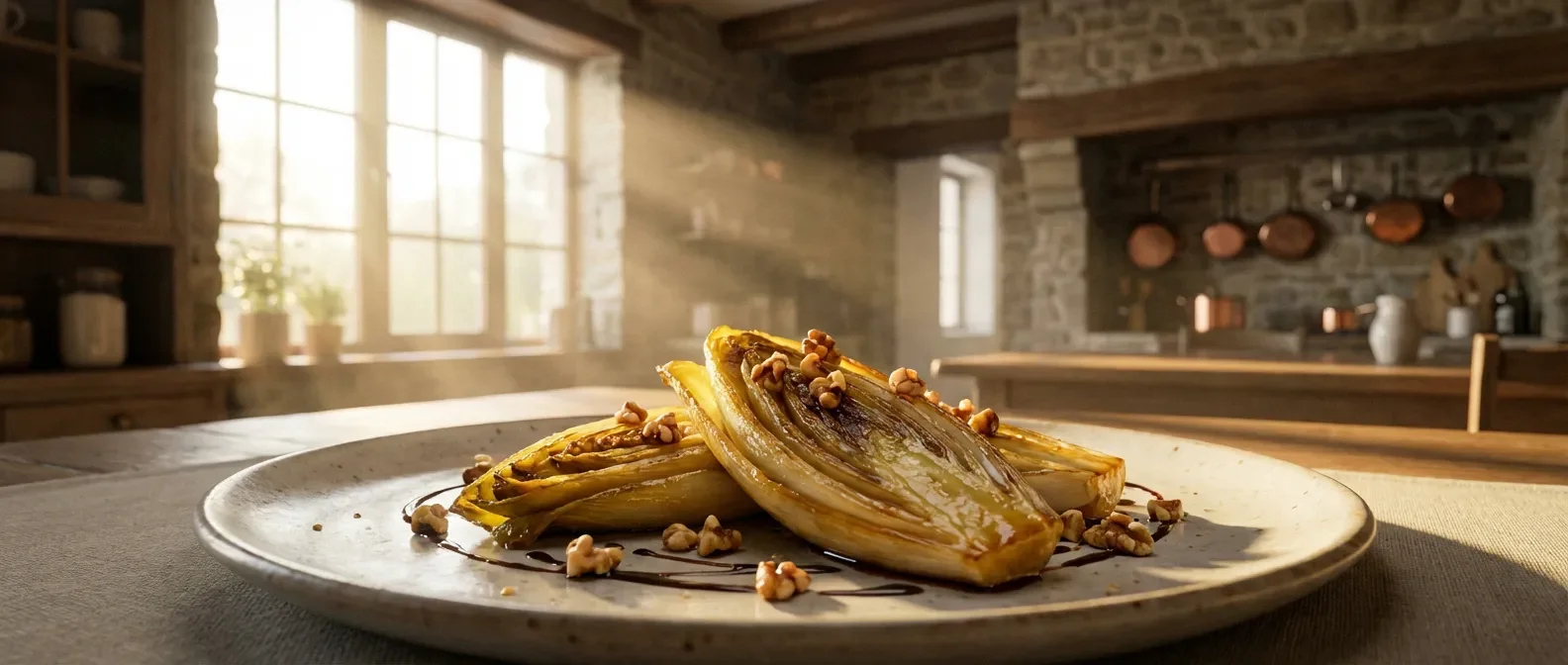L'art de présenter les endives braisées Plat gastronomique d'endives braisées caramélisées sur une table de restaurant élégante