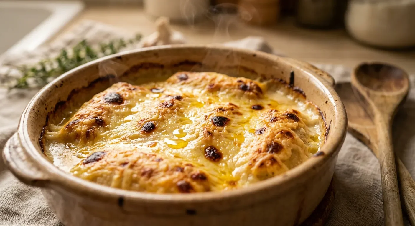 Gratin de quenelles dorées sortant du four avec fromage fondu.