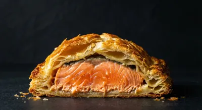 Tranche de feuilleté au saumon croustillante avec cœur fondant.