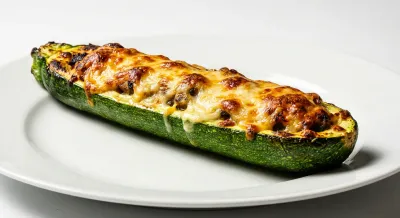 Gros plan sur une courgette farcie parfaitement rôtie et dorée