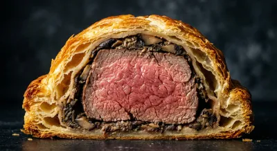 Gros plan sur une tranche de filet mignon en croûte croustillante.