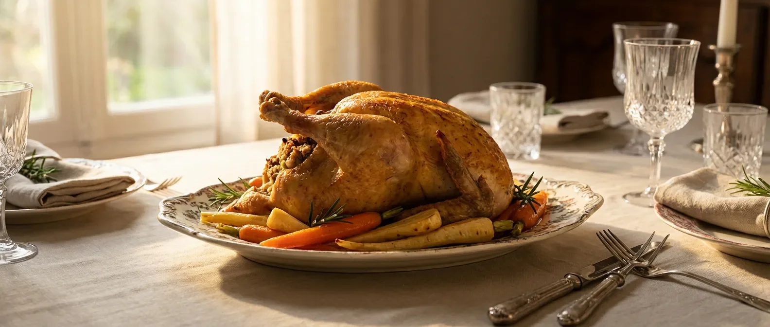 Une poularde farcie rôtie entourée de légumes racines glacés sur une table de fête élégante.