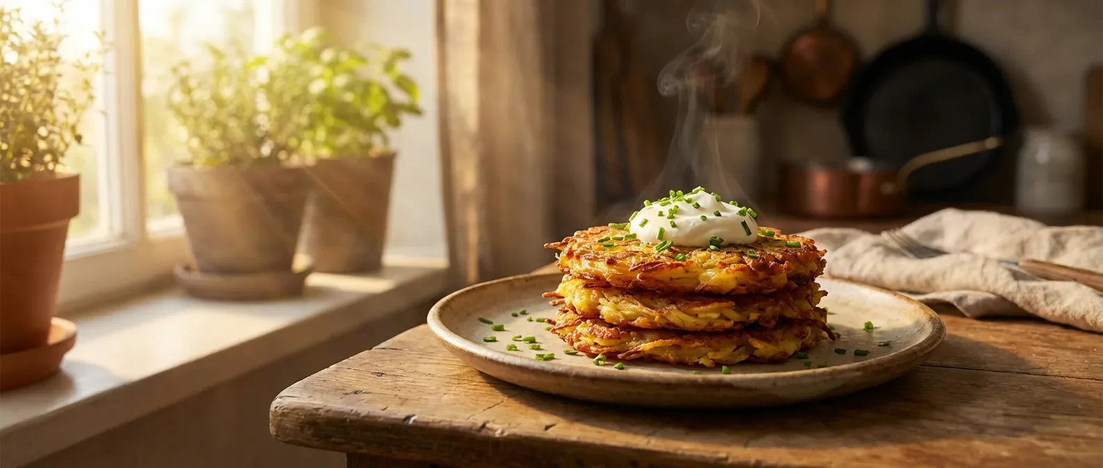 Assiette gastronomique de rostis de pommes de terre dorés et croustillants avec crème fraîche et herbes