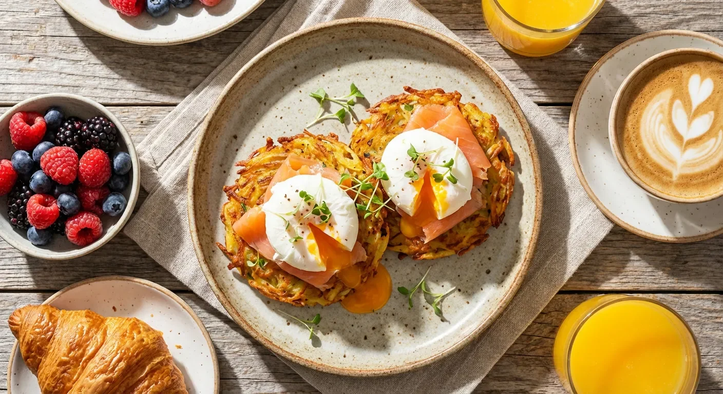 Brunch sophistiqué avec rostis, œuf poché et saumon fumé