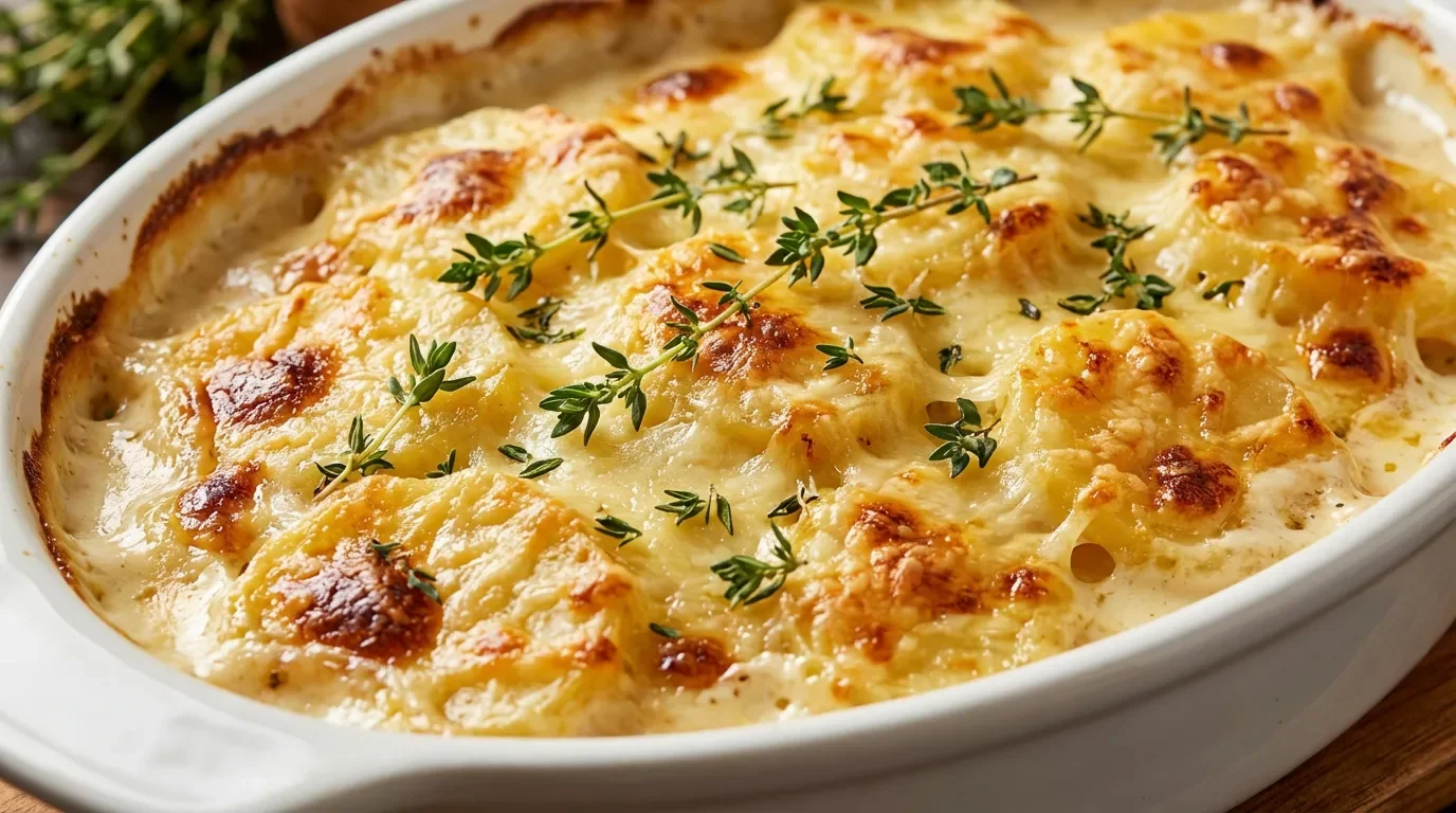 Gros plan sur un gratin dauphinois onctueux et doré