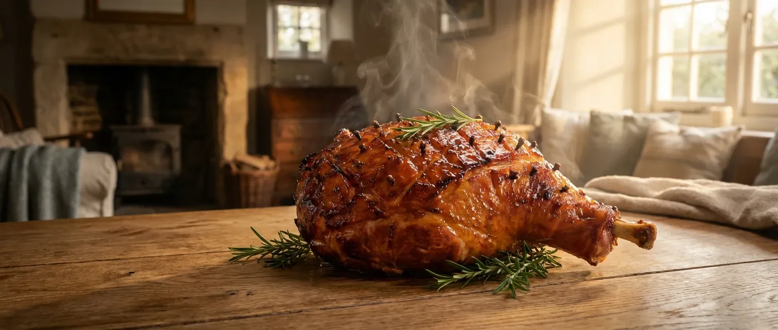 Jambon à l'os rôti et glacé présenté sur une table festive avec un éclairage cinématographique