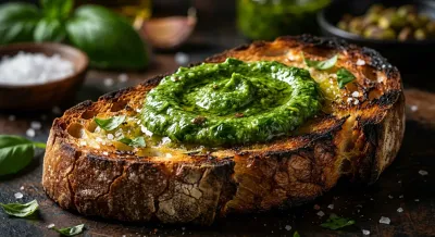 Gros plan sur une tranche de pain grillé avec du pistou frais