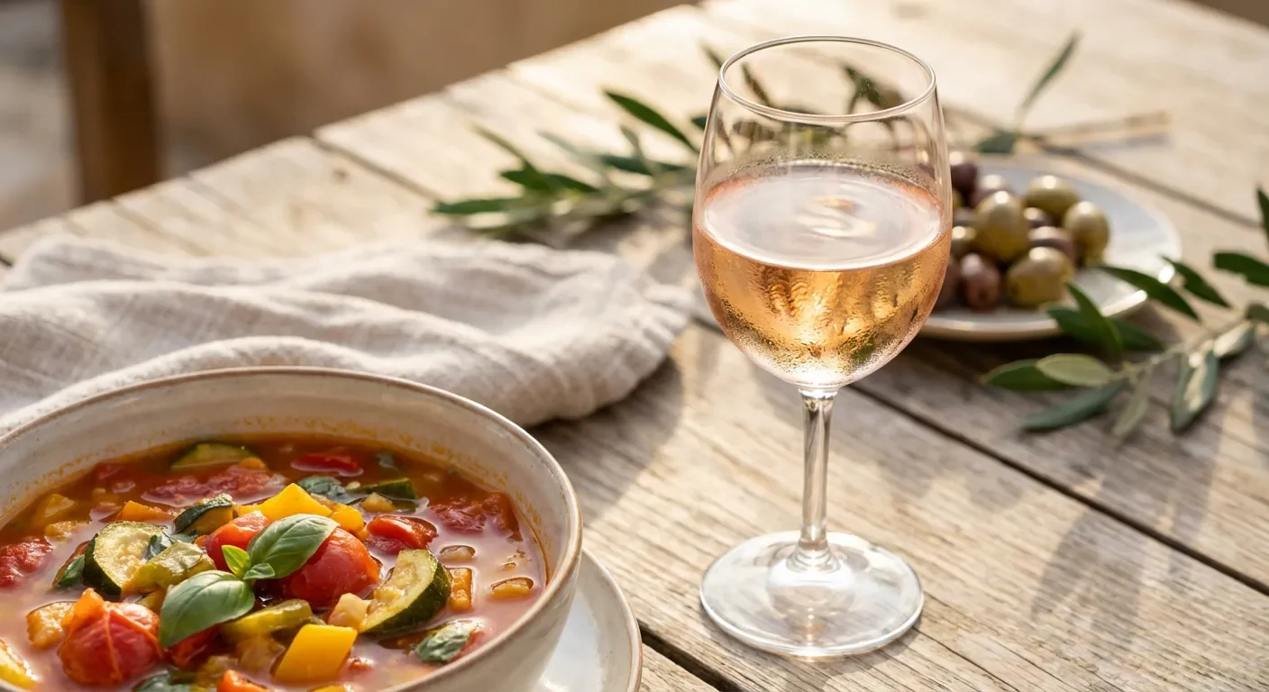 Verre de vin rosé de Provence en accompagnement d'une soupe au pistou