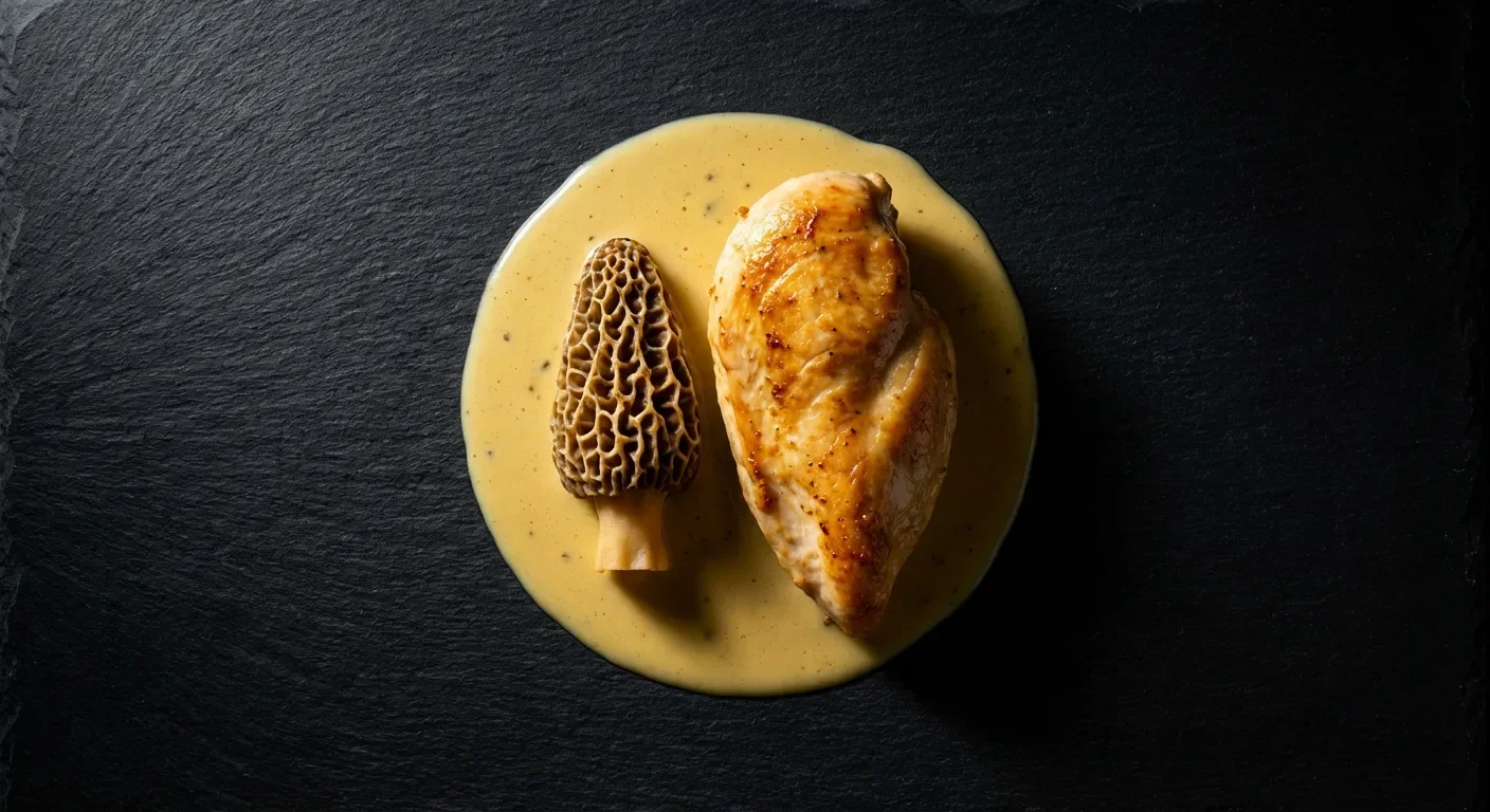 Détail d'une morille et sauce crémeuse au vin jaune.