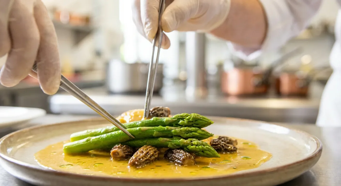 Dressage de précision d'un poulet au vin jaune avec légumes verts de saison.