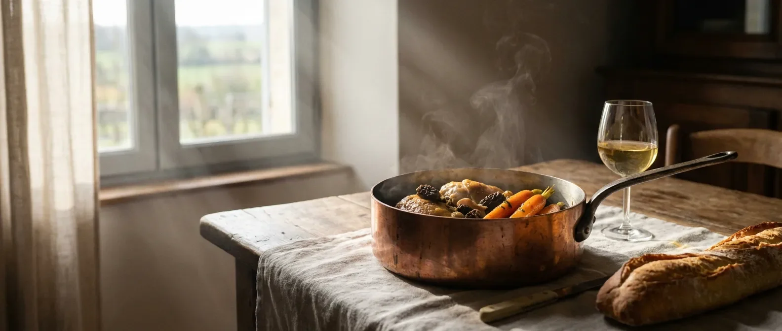 Poulet au vin jaune et morilles avec légumes racines glacés sur une table de fête.