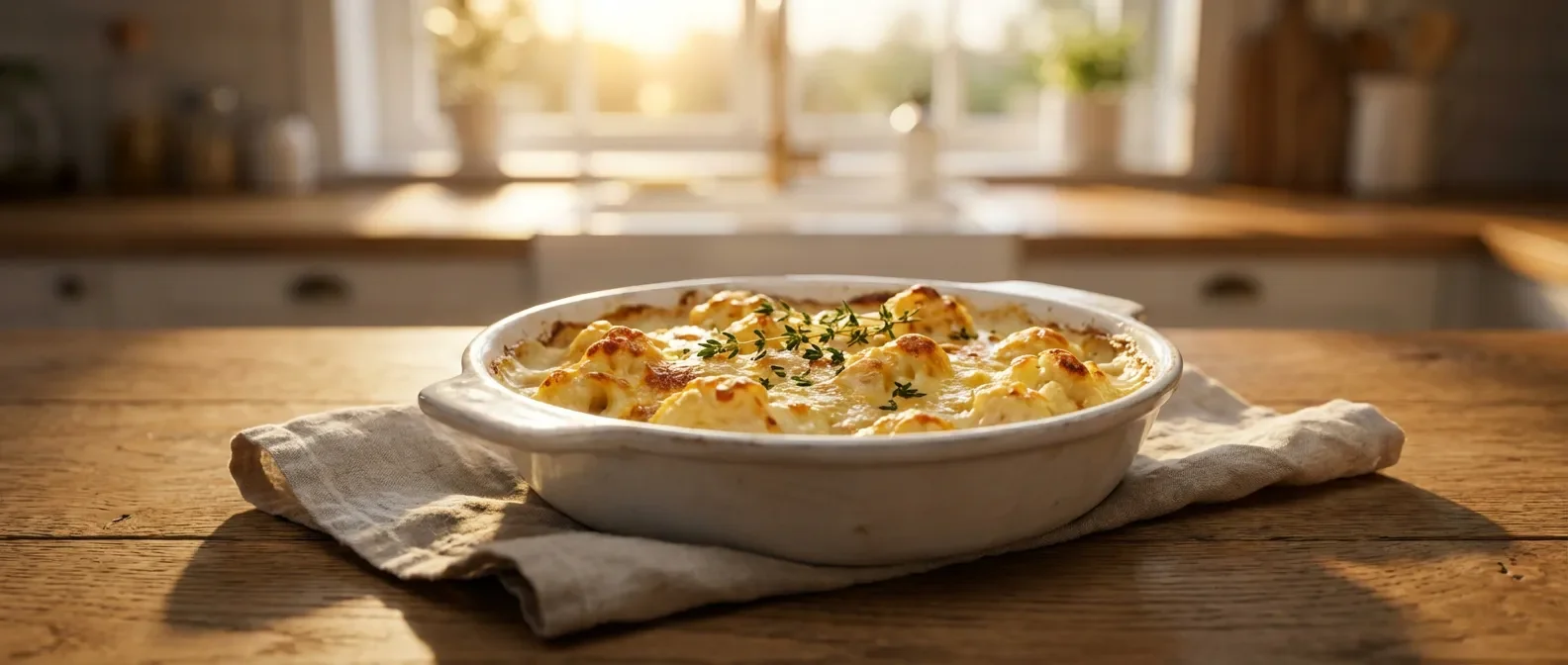 Un magnifique gratin de chou-fleur doré servi sur une table rustique baignée de lumière naturelle.