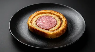 Gros plan sur une tranche parfaite de saucisson brioché