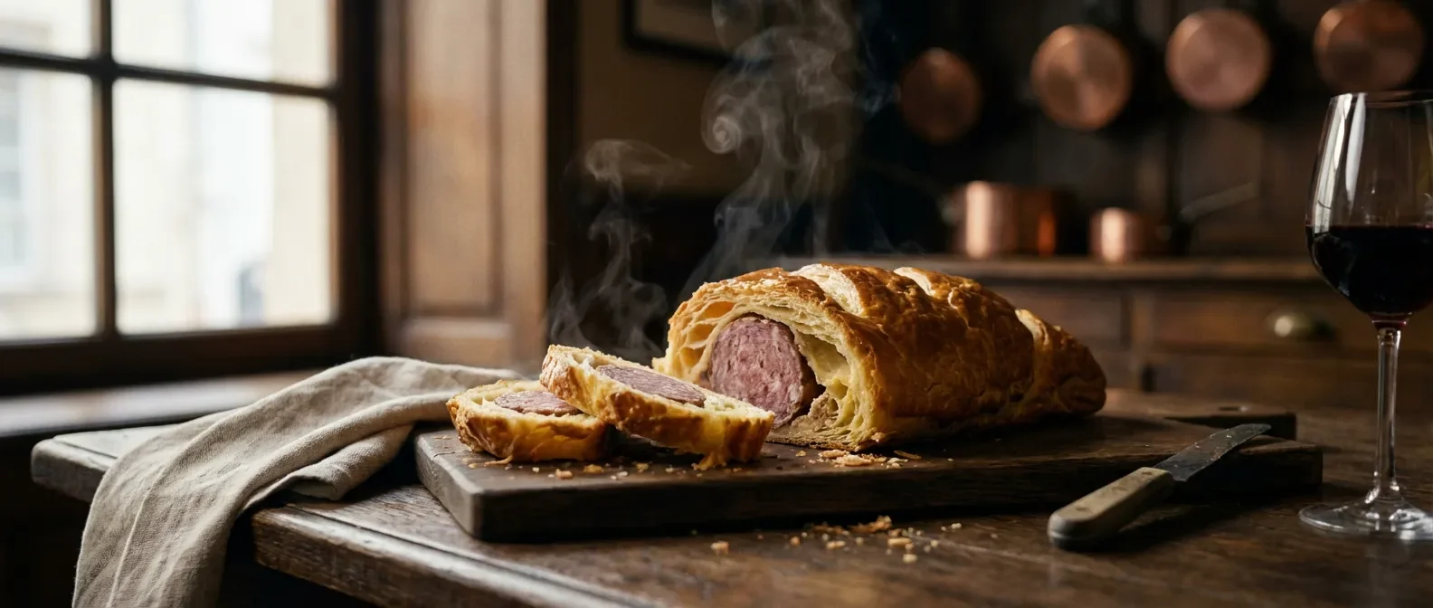 Saucisson brioché artisanal doré et tranché sur une table en bois rustique, style magazine gastronomique