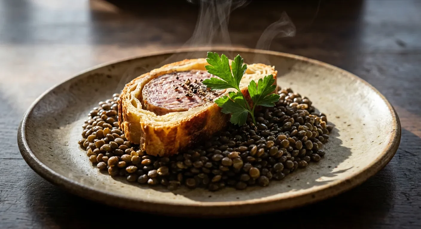 Saucisson brioché servi avec un lit de lentilles vertes du Puy fumantes