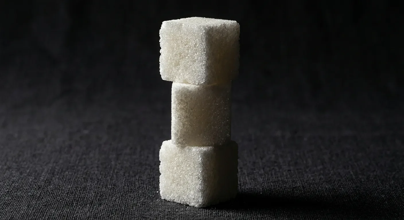 Gros plan minimaliste de morceaux de sucre sur fond noir contrasté.