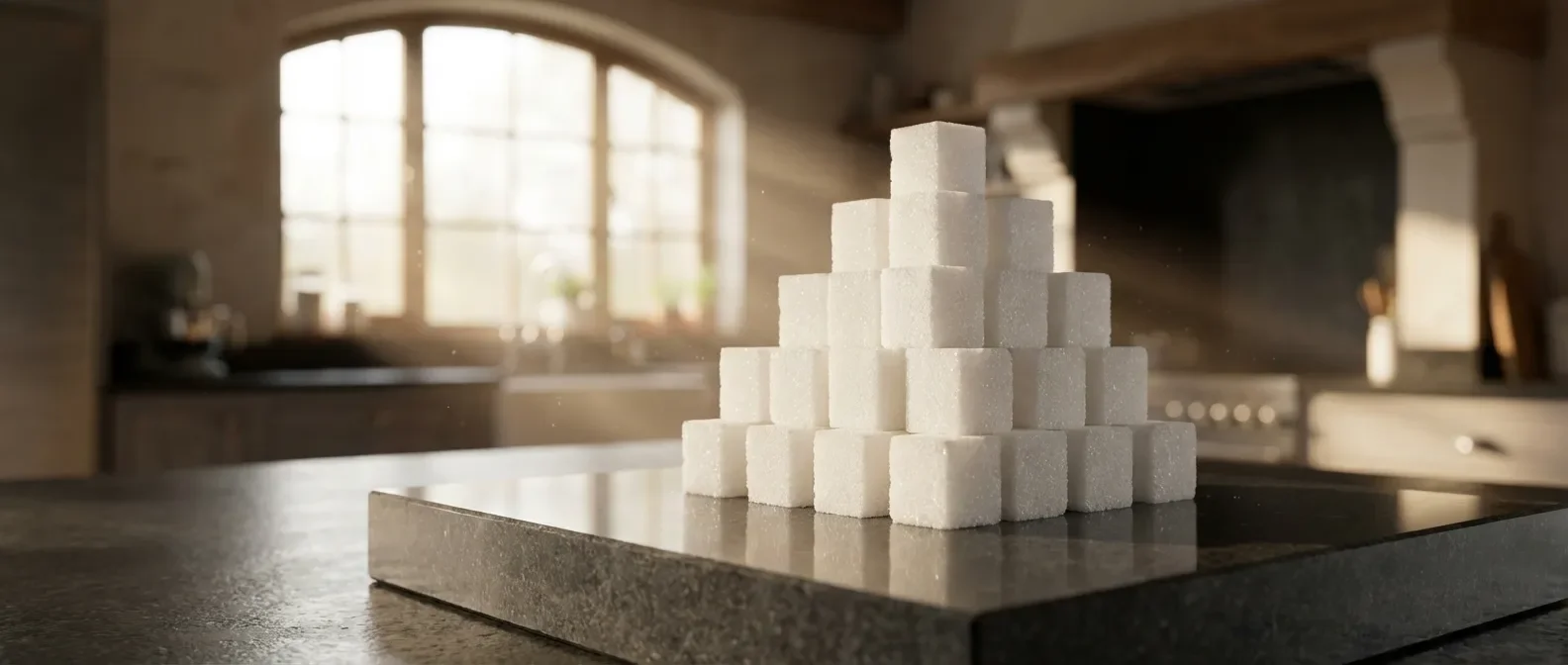 Poids de 30 morceaux de sucre : Vue artistique haut de gamme Trente morceaux de sucre blanc parfaitement alignés sur une surface sombre avec un éclairage cinématographique.