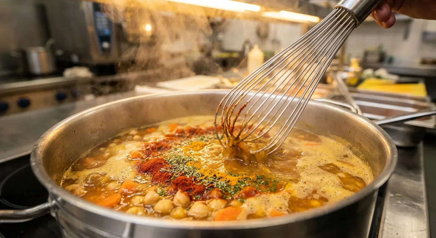 Épices s'infusant dans un bouillon de légumes bouillant dans une marmite traditionnelle.