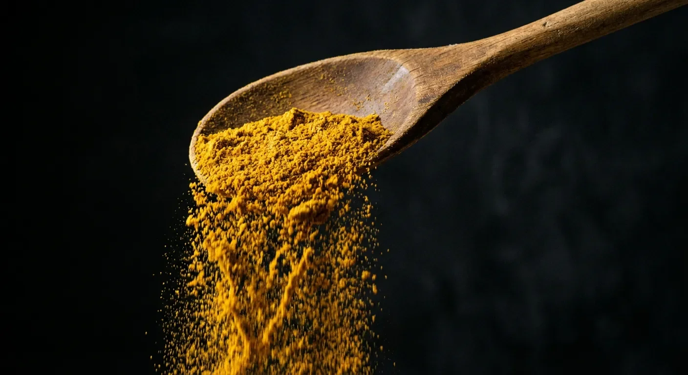 Gros plan sur une cuillère en bois versant du ras-el-hanout sur un fond sombre et minimaliste.