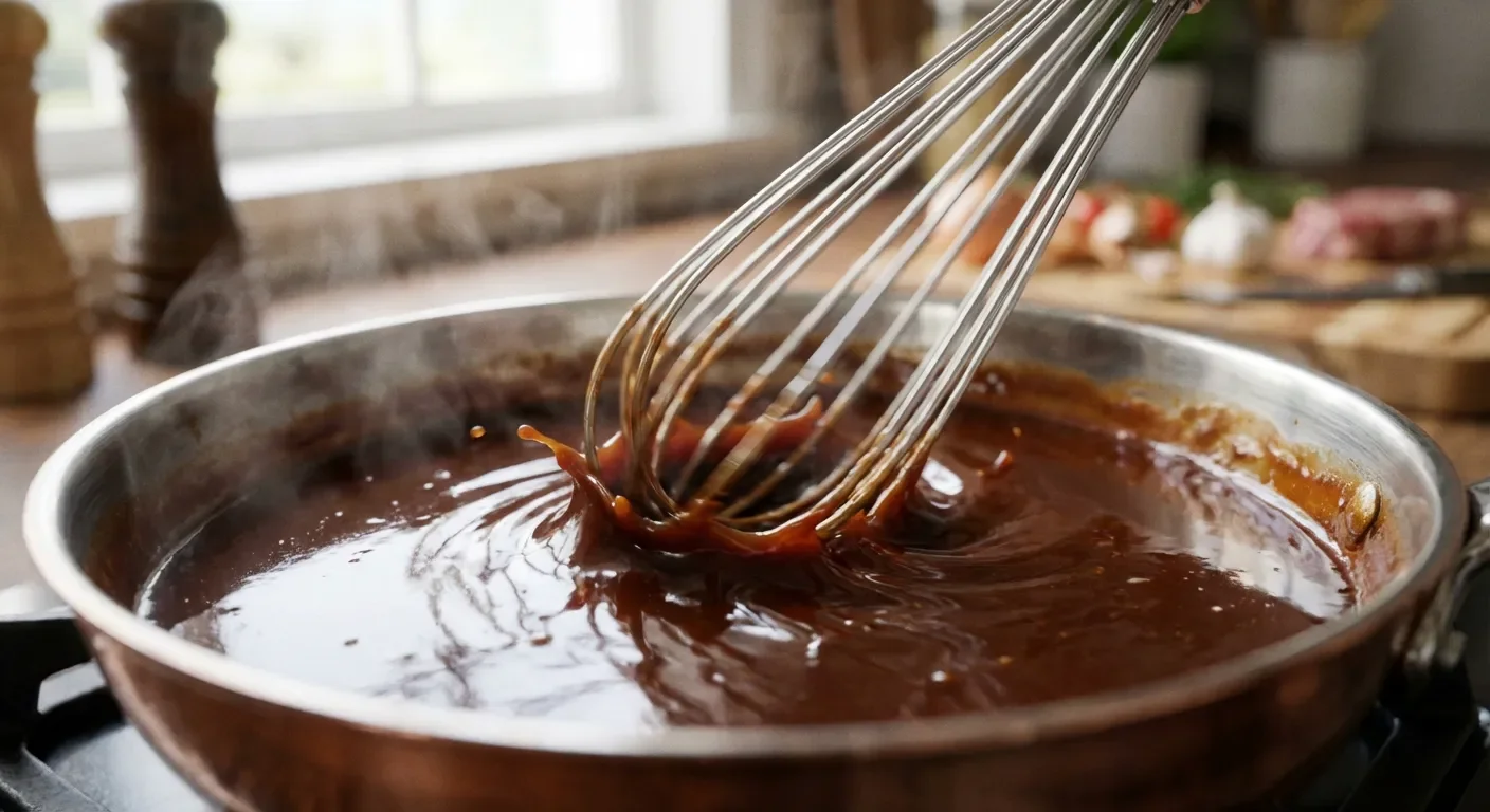 Technique de mélange pour une sauce parfaite Action de fouetter une sauce brune onctueuse pour éviter les grumeaux
