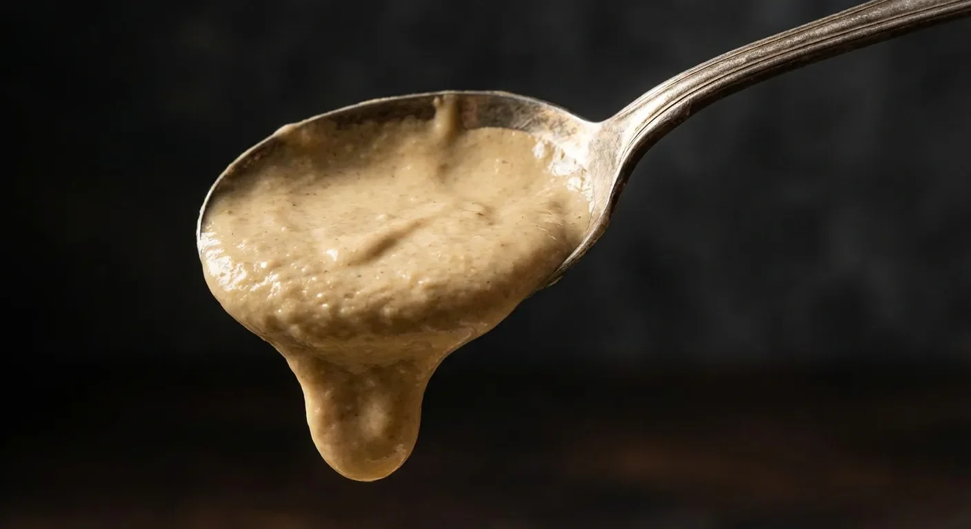 Gros plan d'une cuillère soulevant une sauce épaisse et veloutée sur fond sombre.
