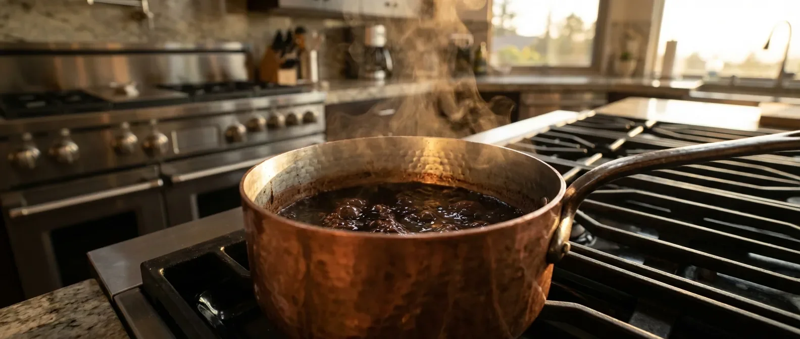 Une sauce onctueuse et brillante mijotant dans une casserole en cuivre de luxe, illustration de la réduction gastronomique.