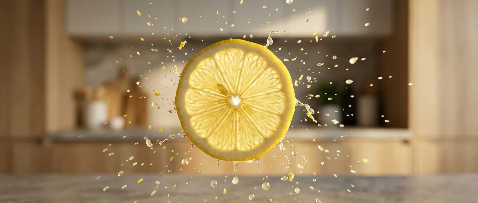 Gros plan cinématographique d'une tranche de citron avec des gouttelettes de jus en suspension, style éditorial.